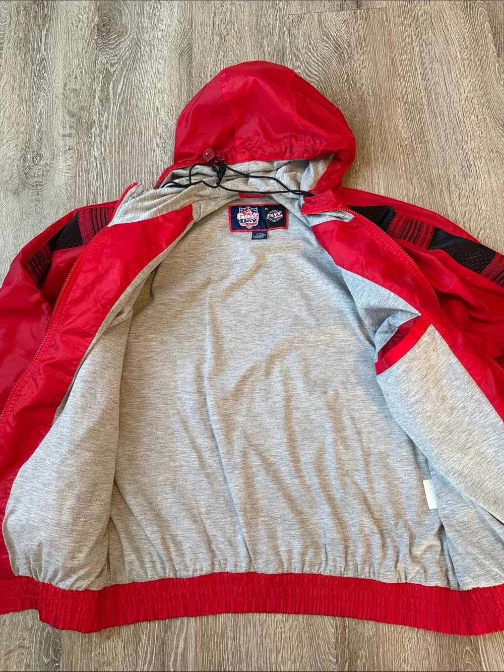 Vintage NFL game day Kansas City Chiefs Red Black Hooded Bomber Jacket fan gear
